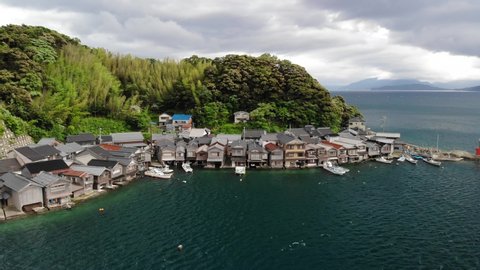 4K Aerial Drone Footage of "The Funaya of Ine (Ine no Funaya), Kyoto by the Sea, Japan.