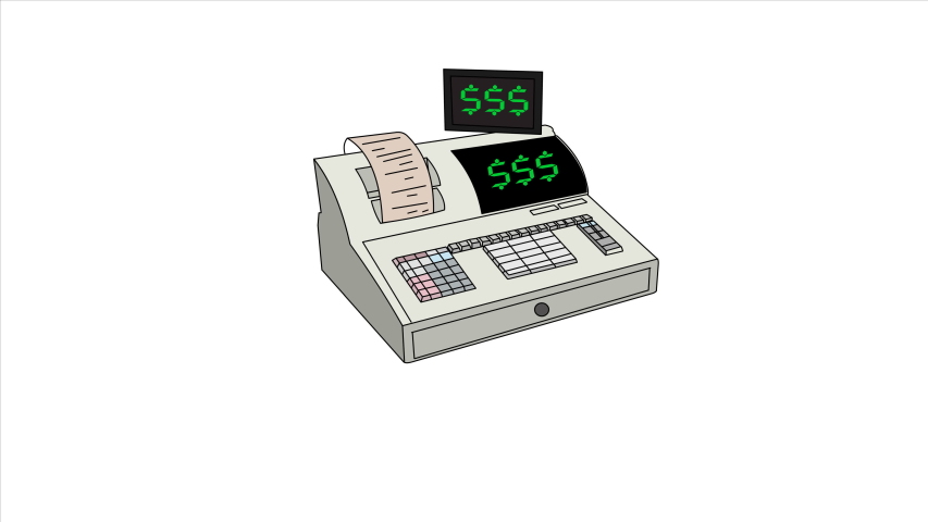 2D Animation of an Electronic Cash Register Machine printing a bill and filling up and overflowing with dollar bills. Alpha transparency file also included Royalty-Free Stock Footage #1032712223
