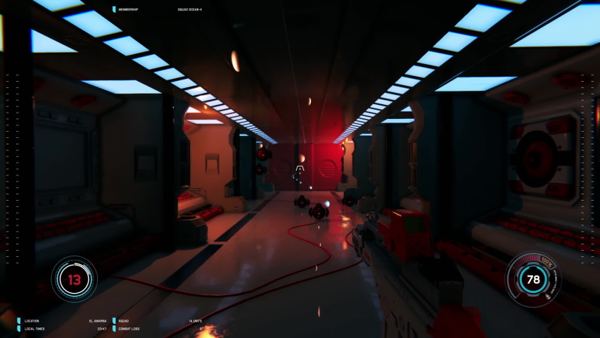 3D mock up scene of first person shooter. Battle in space with GAME OVER text at the end