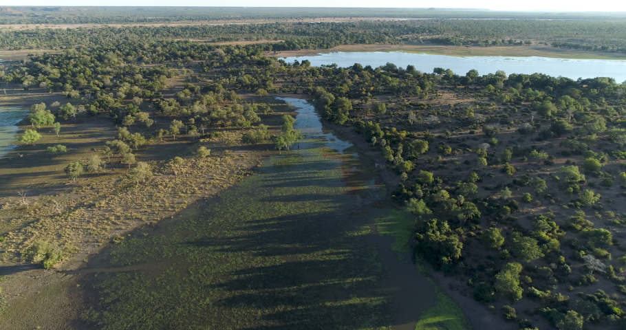 Aerial fly over view of a wetland area in Gonarezhou National Park, Zimbabwe