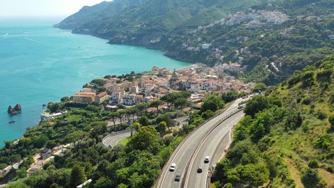 Vietri sul Mare, Salerno, Campania, Italy. Aerial view of the city, road, sea and mountains