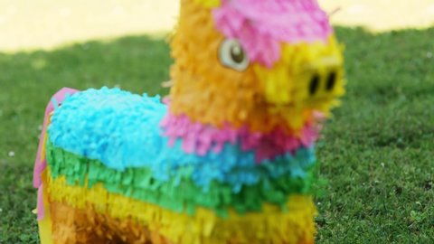 Footage of a colorful Horse or Donkey Pinata with shifting focus.