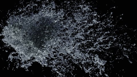 Water splashing from implosion in 4K on black background for easy compositing,Water Splash Flow of Liquid Shape Crystal Clean Nature Shape of Heart, Wave splashes,3d slow motion animation, Alpha matte
