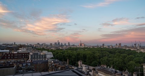 London city skyline day to night time lapse sunset view from Park Lane 