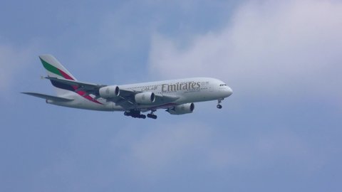 Emirates Airline Airbus A380 arrival landing closeup, Logan Airport Boston Massachusetts USA, July 6, 2019