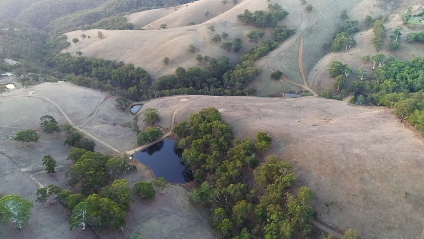 Aerial shot flying over dry rolling hills in the rural countryside of Adelaide, South Australia