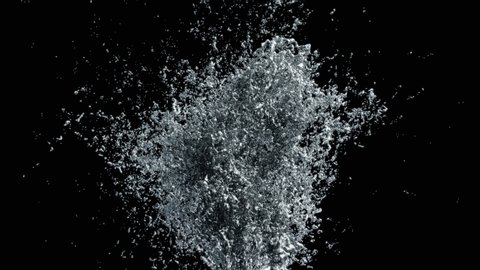 Water splashing from implosion in 4K on black background for easy compositing,Water Splash Flow of Liquid Shape Crystal Clean Nature Shape of Heart, Wave splashes,3d slow motion animation, Alpha matte