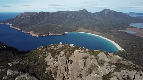Wineglass Bay, Tasmania. Flying over Mt. Amos and the stunning view of Wineglass Bay, which is the gem of Freycinet National Park.