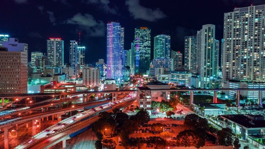 Miami downtown timelapse hyperlapse. Beautiful aerial shot of Miami city. Drone flying over a city night lights Miami in 4K Royalty-Free Stock Footage #1032780770