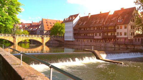 NUREMBERG, GERMANY - CIRCA MAY 2019: View historic Architecture and the river Pegnitz during sunset circa May 2019 in Nuremberg, Germany.
