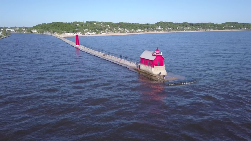 Drone shot of a lighthouse in Grand Haven, Michigan