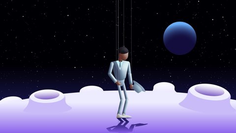 Puppeteer 2. Marionette dancer in light blue suit on strings performs Michael Jackson moonwalk dance moves multiple times seamless loop in front of star burst. Alpha channel. Long shot.Just add music 