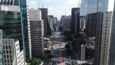 São Paulo, Sao Paulo / Brazil - Circa May 2019: Aerial image made with drone on Avenida Paulista, commercial center of the city of São Paulo.