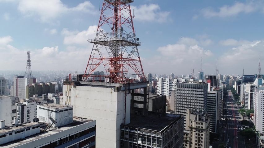 Communication antenna of Avenida Paulista, Brazil. Aerial image in 4k.