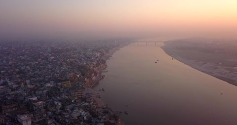 AERIAL: Ganga river in Varanasi India