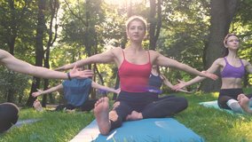 Group of five sporty women practicing yoga lesson with instructor, workout in summer park doing exercise outdoor in meadow. Teamwork, good mood and healthy life concept. - Powered by Shutterstock - Get 15% off with code: PIKWIZARD15