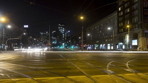 Warsaw/Poland - 07.05.2019: Time lapse of big crossroad in Warsaw center.