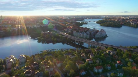 Aerial view of highway Essingeleden in Stockholm, Sweden in morning light.