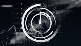 Digital animation of a running clock. The background has graphs and statistics. Line graphs are moving across the screen - Powered by Shutterstock - Get 15% off with code: PIKWIZARD15