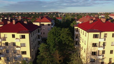 Stockholm / Sweden - July 4, 2019: Aerial footage of apartment buildings in Stockholm, Sweden
