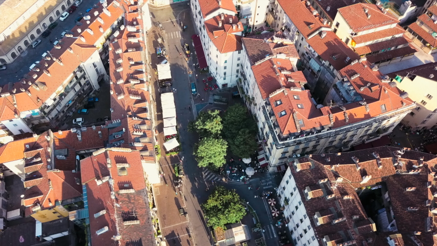 Drone shot of Piazza Emanuele Filiberto, near Porta palazzo during Festa della Musica, in Turin, Italy.