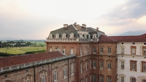 Drone shot sunset at Reggia di Venaria, at Venaria Reale, Turin, Italy.
