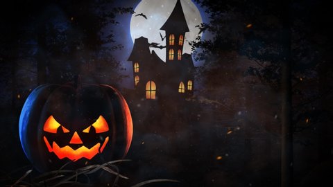 Halloween Haunted Mansion with Pumpkin and Bats 4K Loop features the silhouette of a haunted mansion with a full moon behind and circling flying bats with a glowing pumpkin in the foreground in a loop