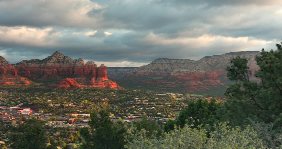 Capitol Butte and Coffee Pot Rock formation as seen from Airport Mesa over the town of Sedona Arizona USA