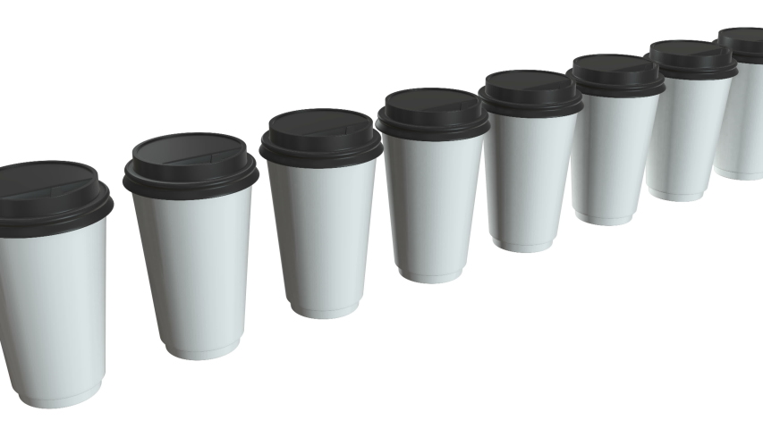 Disposable coffee cups. Row of Blank paper mug with plastic cap. 3d render Video available in 4k FullHD and HD render footage