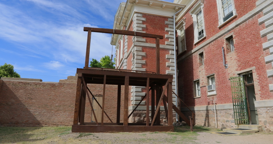 TOMBSTONE, ARIZONA - 12 JUN 2019: Tombstone Arizona historic town gallows courthouse. Court house and jail capital death penalty for outlaws and law breakers.