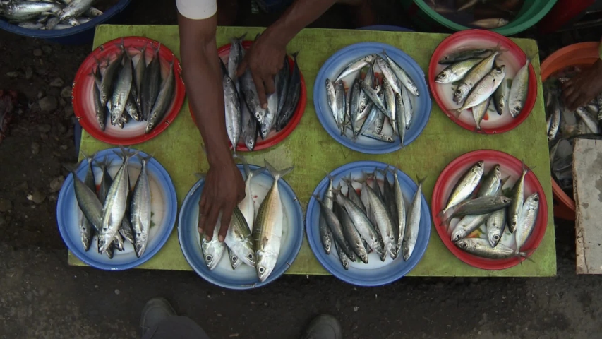 fish monger arranging fresh fish on traditional market in Indonesia