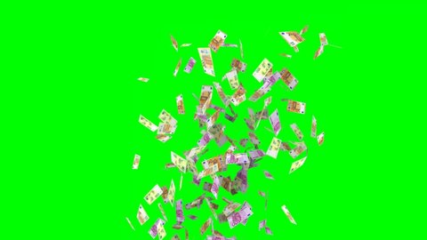 animated euro bank notes currency exploding as confetti on green screen