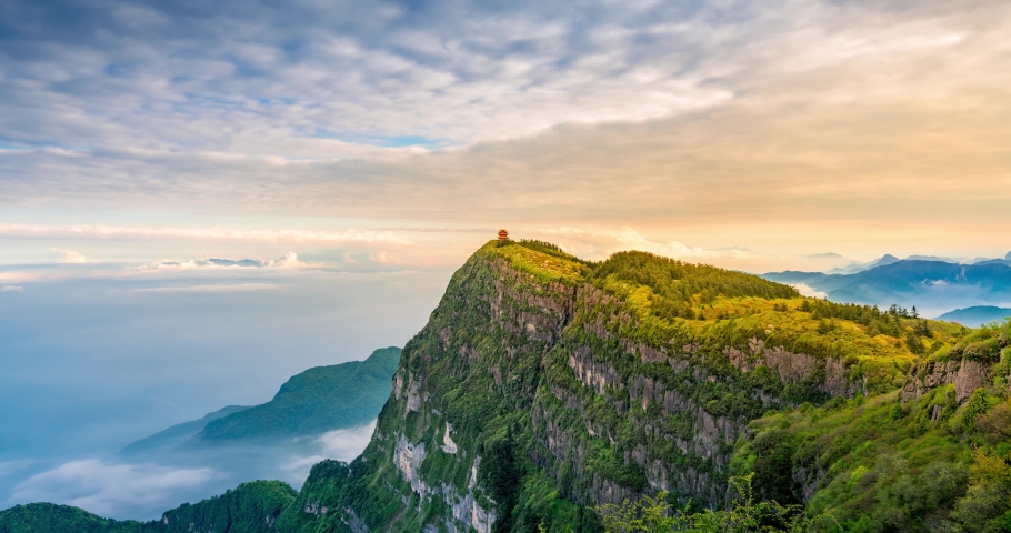 Mountains and seas of clouds at dusk, Emei Mountain, Sichuan Province, China