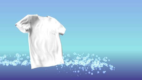 3d animation of cloth washing and whitening process. Gradient blue water bubbles fly around the t shirt and clean the fibers.  Background for ad of the laundry detergent, washing powder or bleach.