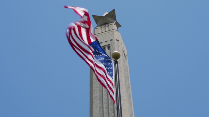 San Jacinto Monument American Flag Waving in the Wind in Houston, Texas