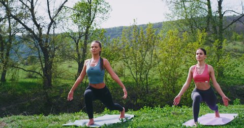 Beautiful women doing yoga exercises of stretching body at nature on the mat they concentrated and relaxed practicing yoga meditation poses while taking a fresh air at nature