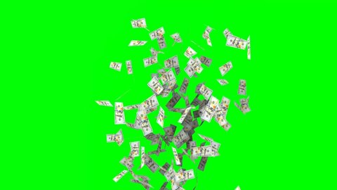 animated hundred dollar bank note as confetti animation on green screen