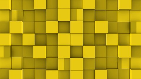 Yellow cubes from opposite directions are shifted filling the green screen and assembled into the wall. Abstract transition, 3D animated intro with chroma key.