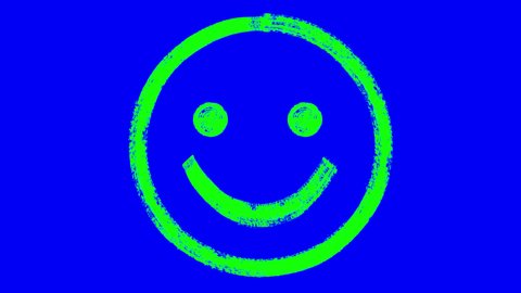 Brush draws a happy emoticon in chroma key green paint on blue screen. CG animation.