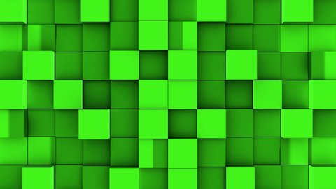 Green cubes from opposite directions are shifted filling the blue screen and assembled into the wall. Abstract transition, 3D animated intro with chroma key.