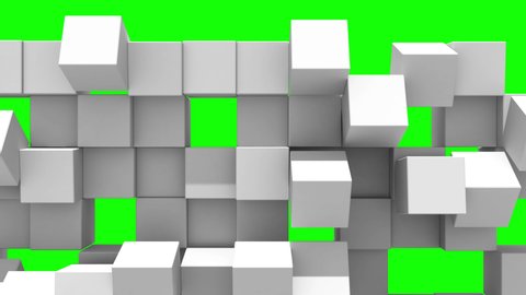 Gray Wall of cubes falls apart. Blocks are moving out of flat surface and fall revealing the green screen. Abstract transition, 3D animated intro with chroma key.