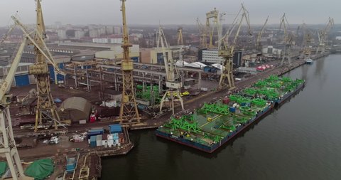 Szczecin/Poland - 04.19.2018: Drone footage of shipyard in Szczecin.