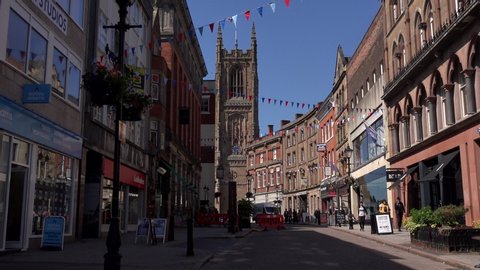 Derby, Midlands / England - July 01 2019: Coventry is renowned for being the first town to embrace the industrial revolution. Main street city centre UK 4K
