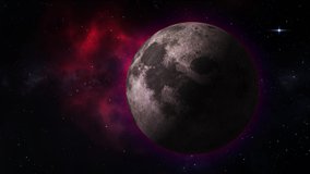 Planetary moon from space. Earth's natural satellite rotating animation. Motion moon in the red galaxy with stars. Video contains: Moon, Luna, lunar, space, planet, galaxy, stars, cosmos. 4k