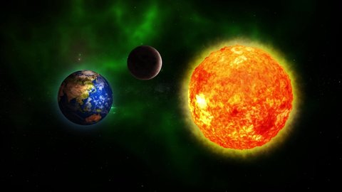 Green galaxy with Moon Sun and Planet Earth. Sunrise and sunset in space on Moon and Planet Earth. Sun Planet Earth and Moon rotating and approach in open space on the green Milky Way. 4k