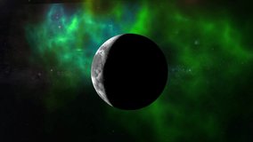 Realistic moon flies very close. Earth's natural satellite - animation motion. Green Milky Way in background. Video contains: Moon, Luna, Milky Way, Space, Planet, Galaxy, Stars, Cosmos. 4k