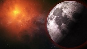 Planetary moon from space. Earth's natural satellite rotating animation. Motion moon in the orange galaxy with stars. Video contains: Moon, Luna, lunar, space, planet, galaxy, stars, cosmos. 4k