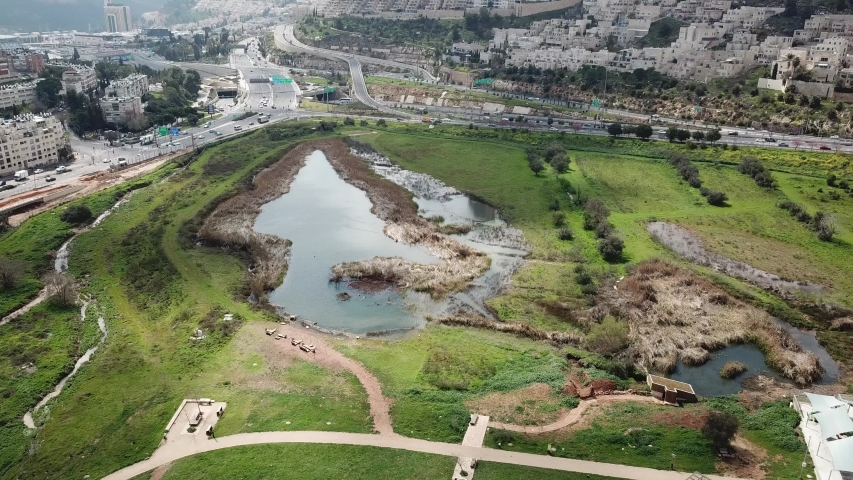 Gazelle Lake park in Jerusalem aerial view
Drone shot form Jerusalem of Gazelle Lake, Israel
