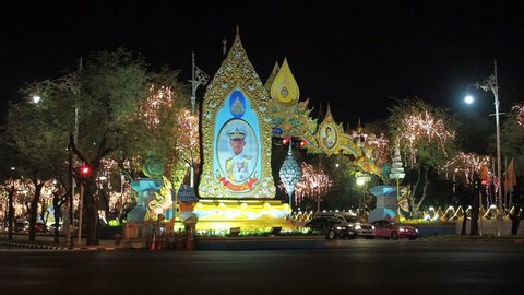 Bangkok, Thailand - May 6, 2019 : Large Portrait of Thai King Rama X, His Majesty King Maha Vajiralongkorn Bodindradebayavarangkun Phrabat Somdet Phra Vajira Klao Chao Yu Hua on a big image on the