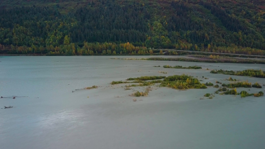 Aerial view of Seward Highway, Kenai Lake and the Snow River flooded from a glacial dam outburst.